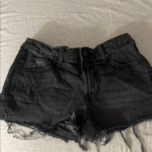 Black Jean Shorts with Distressing and Cut-Off Hem
